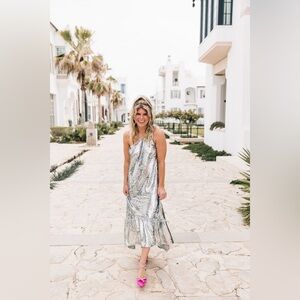 Anthropologie Silver Sequin Midi Dress